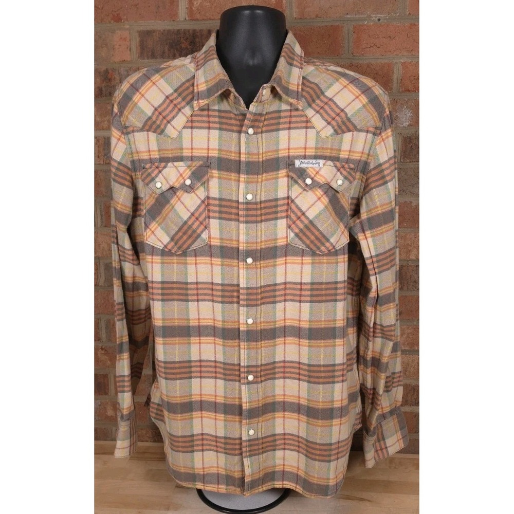 True Religion Shirt Mens 2XL Beige Western Sawtooth Pearl Snap Plaid Flannel